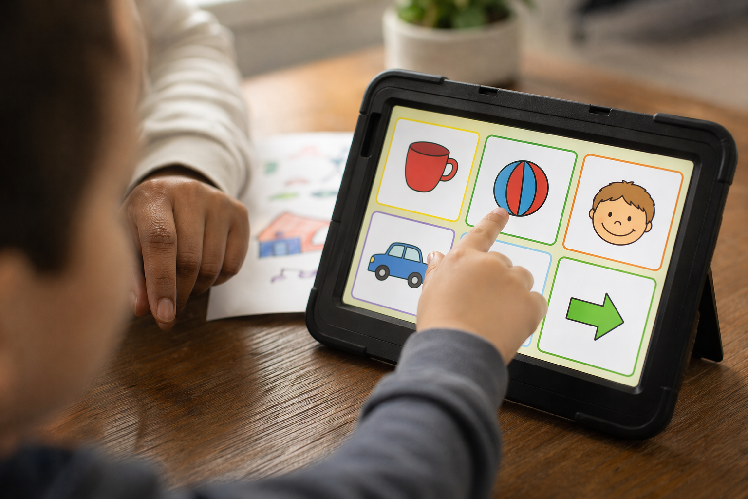 A child using a communication device with picture symbols