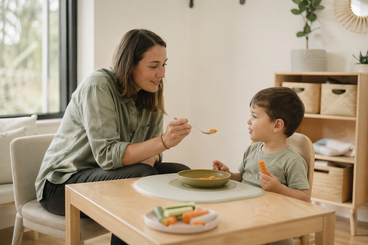 A parent and child at a table during a feeding therapy session