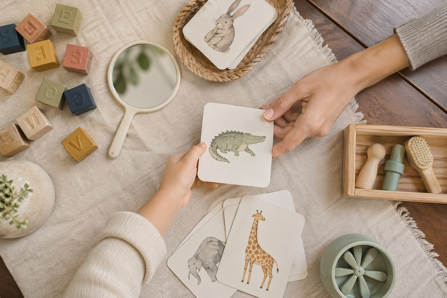 A flatlay of speech therapy materials: picture cards, wooden letter blocks and a mirror