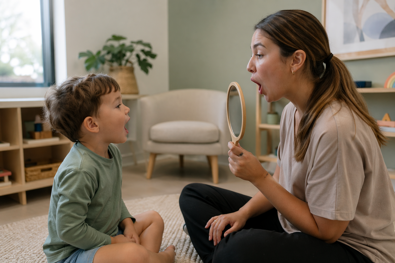 A therapist and child working in front of a mirror on speech sounds