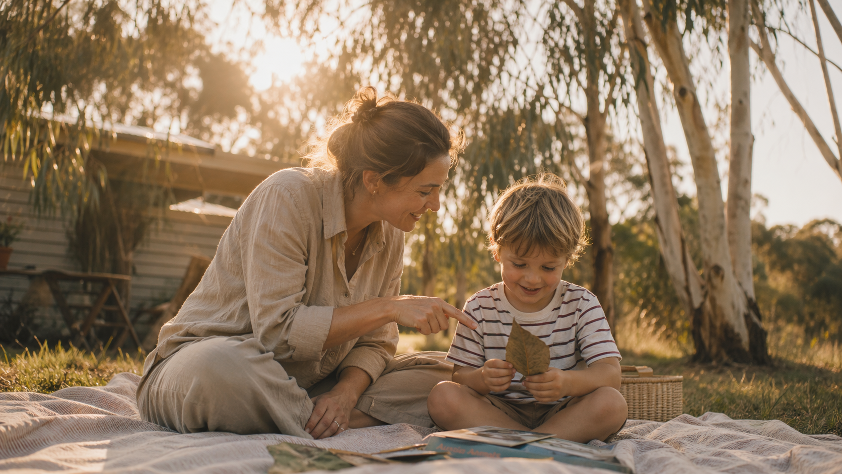 A parent and child looking closely at a leaf together outdoors in the late afternoon light